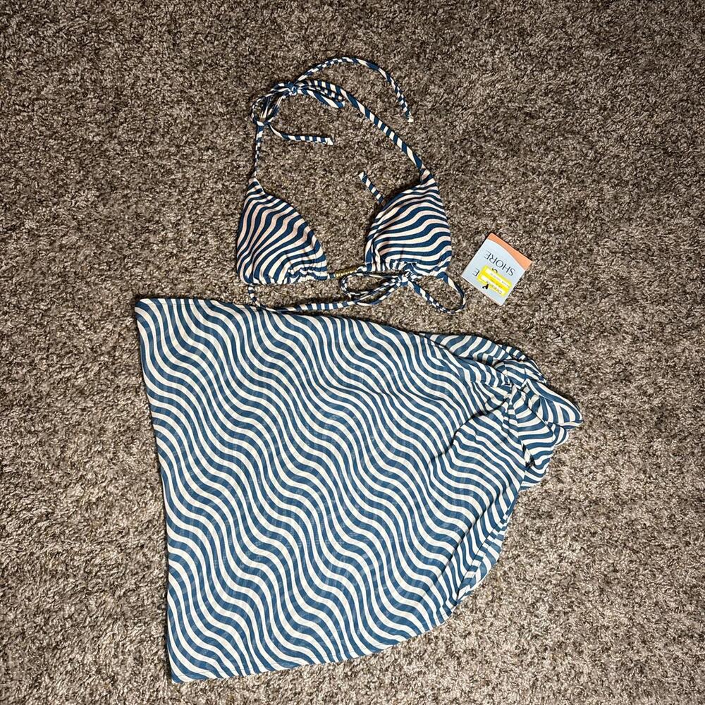 Blue and white striped bikini top and cover up